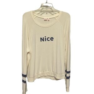 Make + Model Pullover Tunic "NICE" Top  Sz XL White Blue Stripes Comfy Stretc…